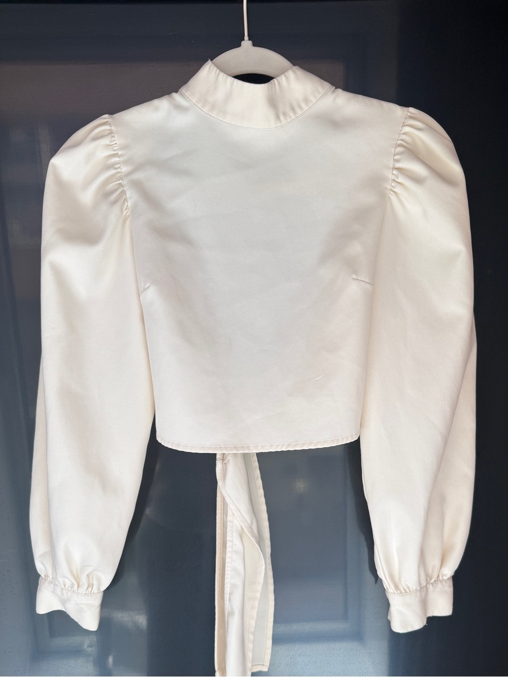 Nasty Gal Ivory High-Neck Puff Sleeve Tie-Back Crop Top - Picture 3 of 6
